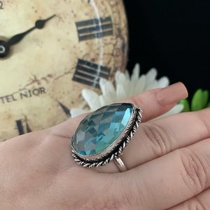 Sterling Silver Plated Blue Topaz Glass Ring
